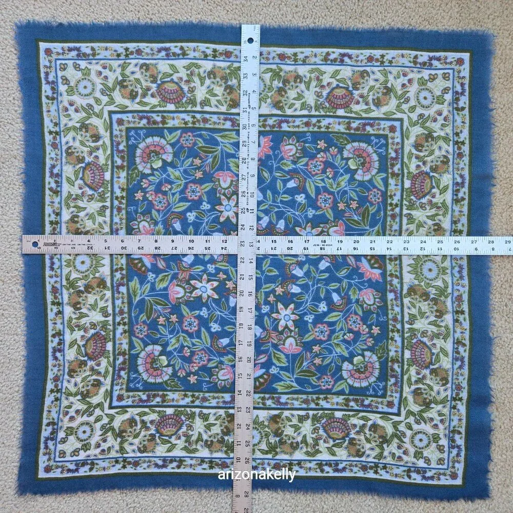 Square Wool Blue Scarf With Leaves and Flowers